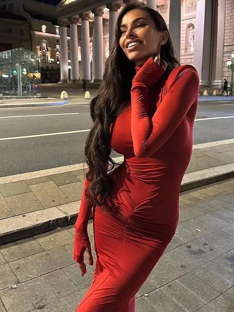 Elegant Solid Turtleneck Autumn Winter Ruched Christmas Party Maxi Dress