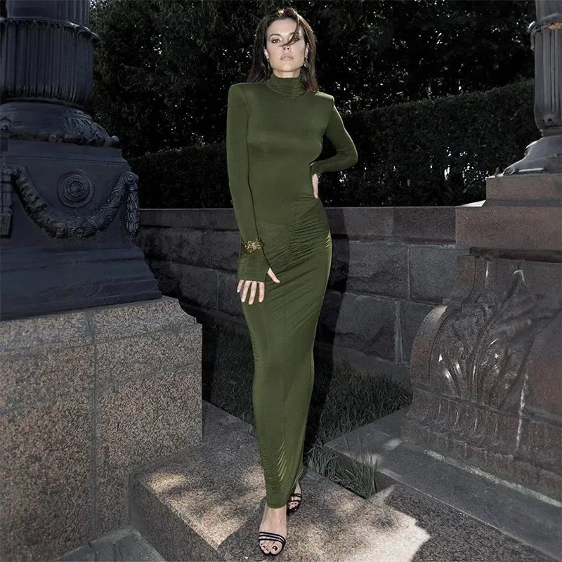 Elegant Solid Turtleneck Autumn Winter Ruched Christmas Party Maxi Dress