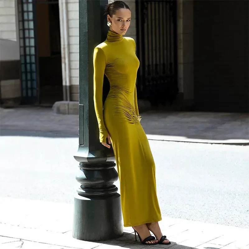 Elegant Solid Turtleneck Autumn Winter Ruched Christmas Party Maxi Dress