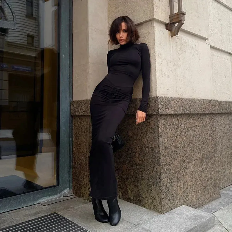 Elegant Solid Turtleneck Autumn Winter Ruched Christmas Party Maxi Dress