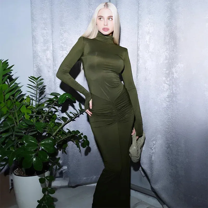 Elegant Solid Turtleneck Autumn Winter Ruched Christmas Party Maxi Dress