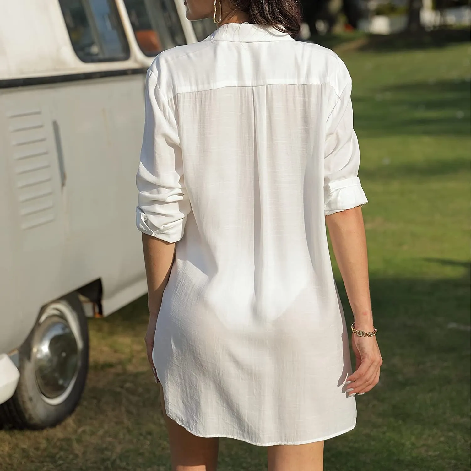 Evangeline White Silky Button Down Swimsuit Cover Up