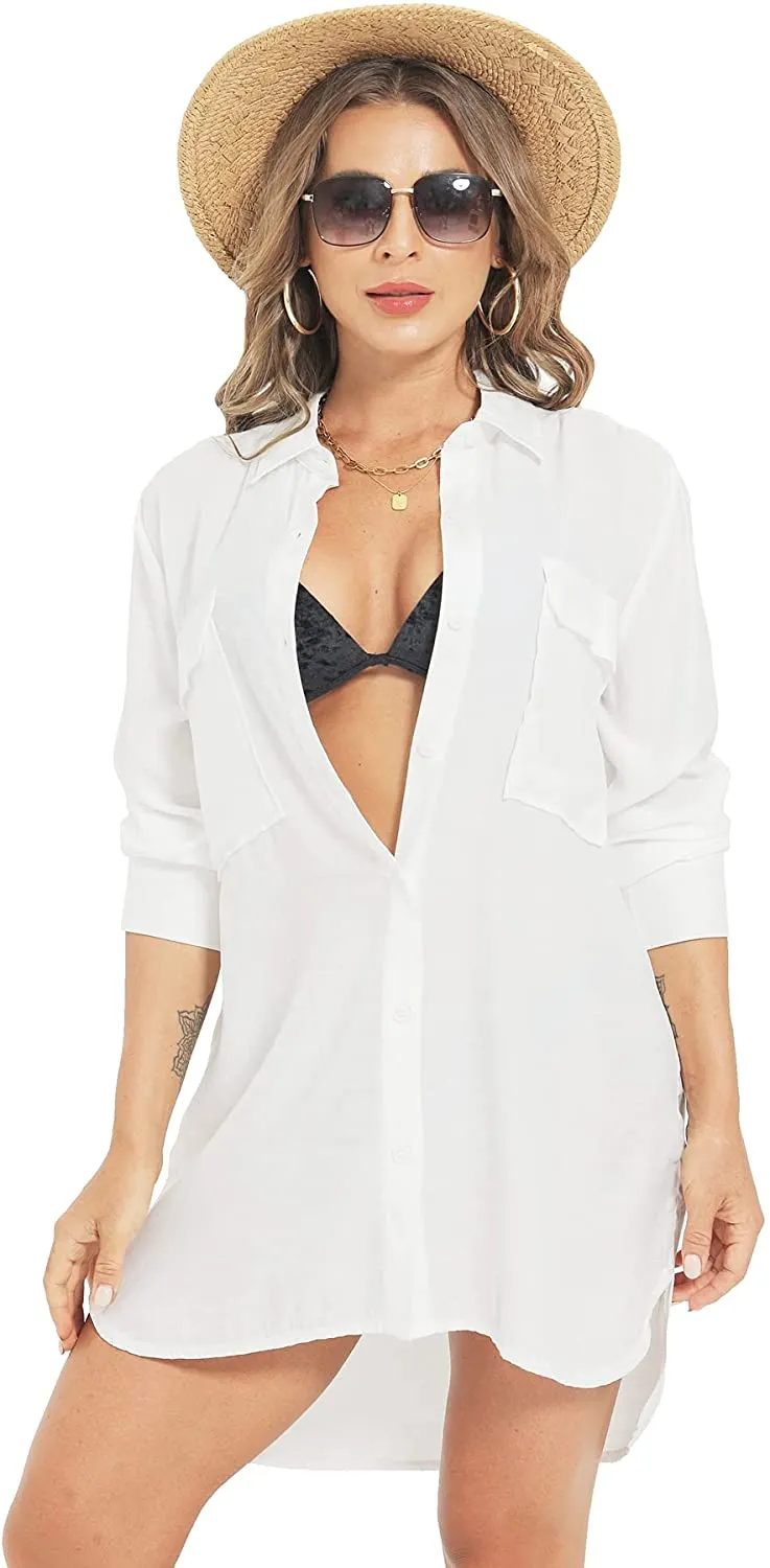 Evangeline White Silky Button Down Swimsuit Cover Up