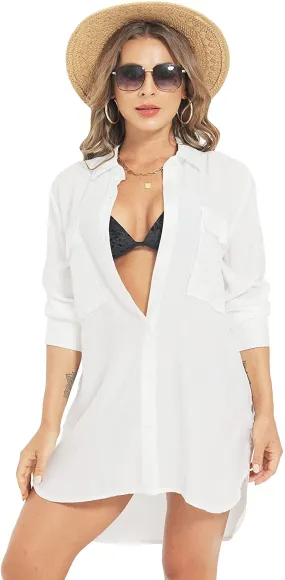 Evangeline White Silky Button Down Swimsuit Cover Up