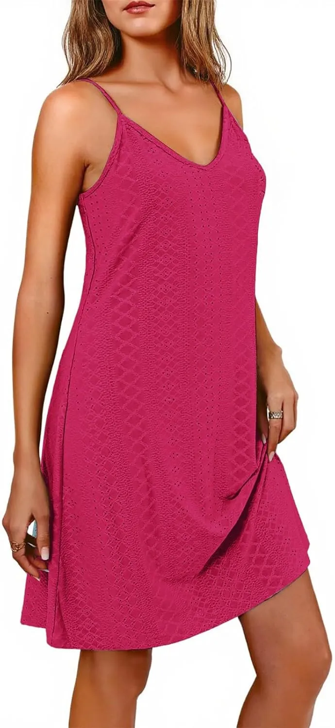 Eyelet Dresses for Women 2025 Beach Cover Up Casual Boho Floral Dress Vacation Sleeveless Cute Midi Tank Top Dress