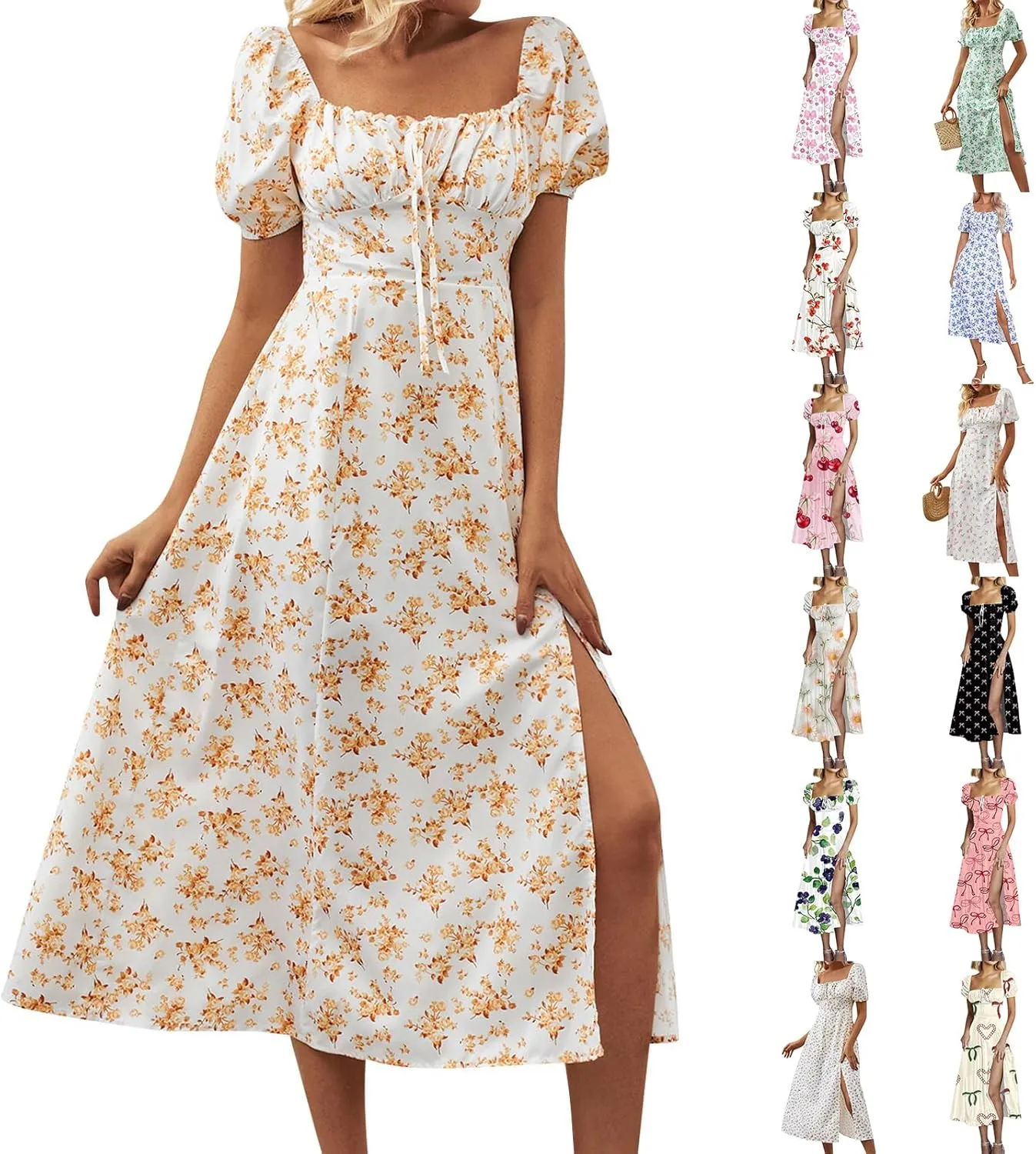 Floral Dress for Women Summer Smocked Beach Flowy Boho Dress Casual Square Neck Puff Short Sleeve Modest Dresses
