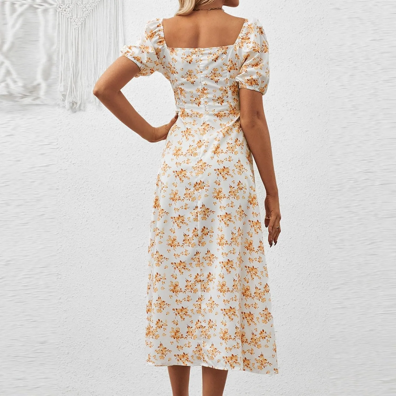 Floral Dress for Women Summer Smocked Beach Flowy Boho Dress Casual Square Neck Puff Short Sleeve Modest Dresses