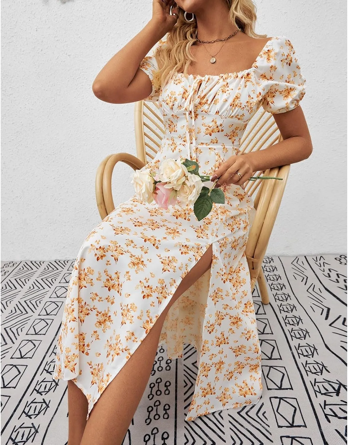 Floral Dress for Women Summer Smocked Beach Flowy Boho Dress Casual Square Neck Puff Short Sleeve Modest Dresses
