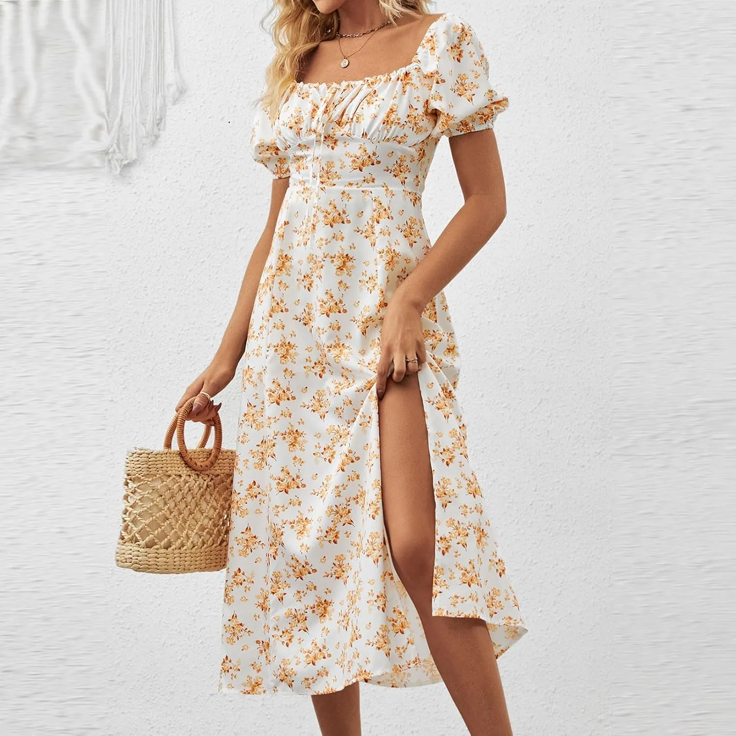 Floral Dress for Women Summer Smocked Beach Flowy Boho Dress Casual Square Neck Puff Short Sleeve Modest Dresses
