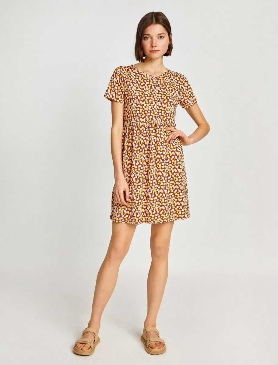 Floral Mini T-Shirt Summer Dress in Brown