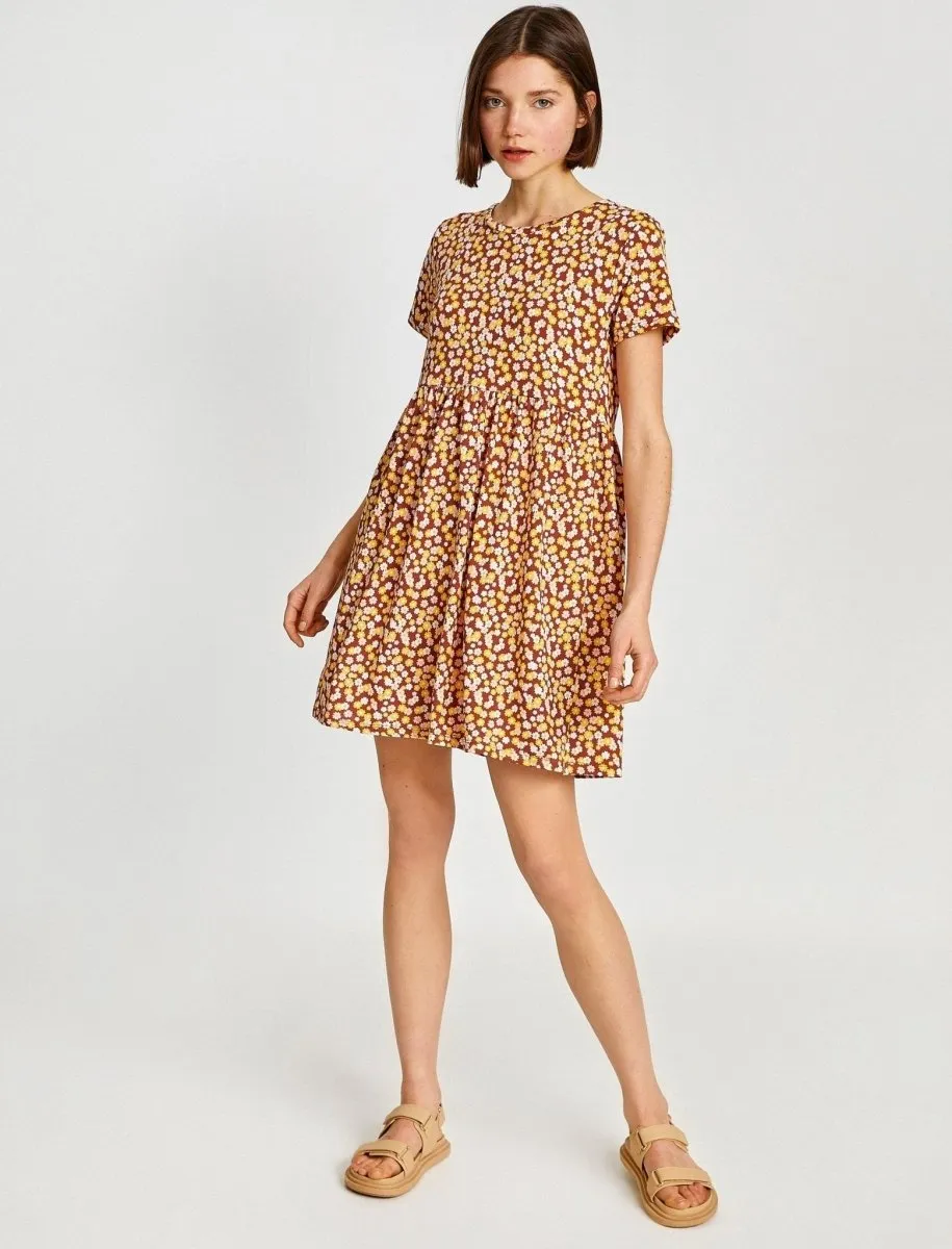 Floral Mini T-Shirt Summer Dress in Brown