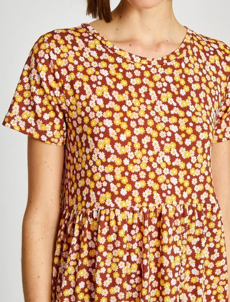 Floral Mini T-Shirt Summer Dress in Brown