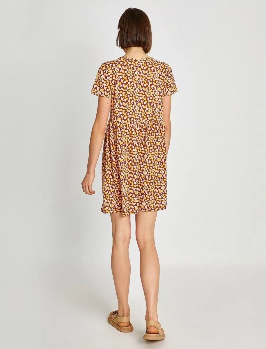 Floral Mini T-Shirt Summer Dress in Brown
