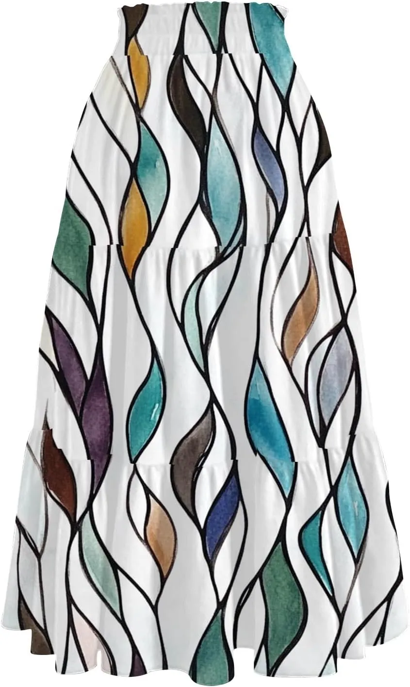 Flowy Skirts for Women Vintage Gradient Print Flowy Flared Ruffle A-Line Skirts Casual Fashion Maxi Skirt