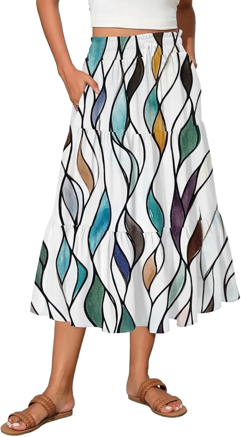 Flowy Skirts for Women Vintage Gradient Print Flowy Flared Ruffle A-Line Skirts Casual Fashion Maxi Skirt