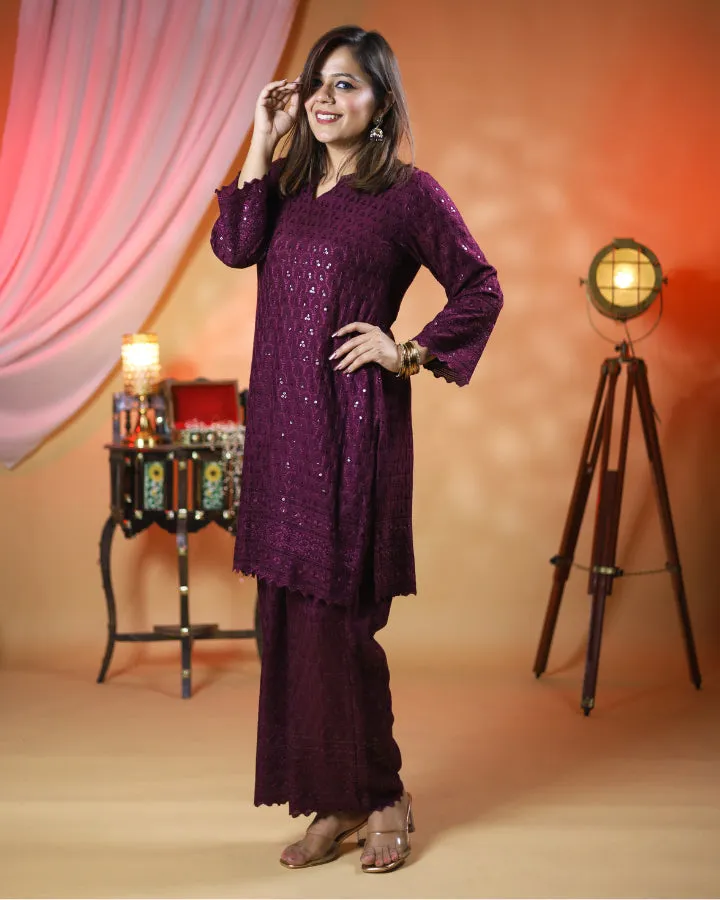 Gehra Jamun Chikankari Kurta & Palazzo - Set of 2