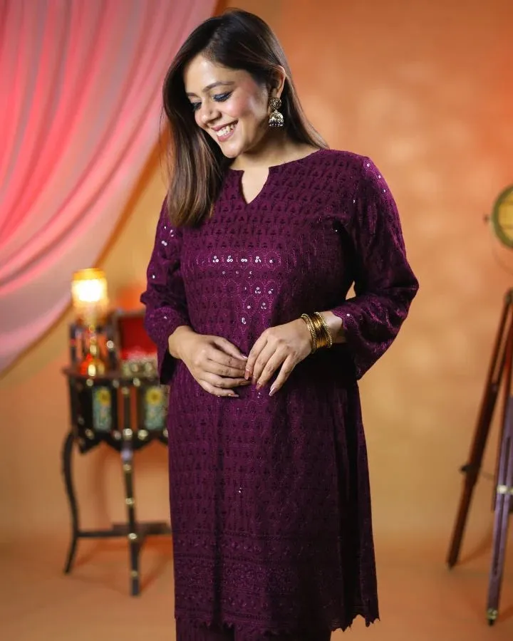 Gehra Jamun Chikankari Kurta & Palazzo - Set of 2