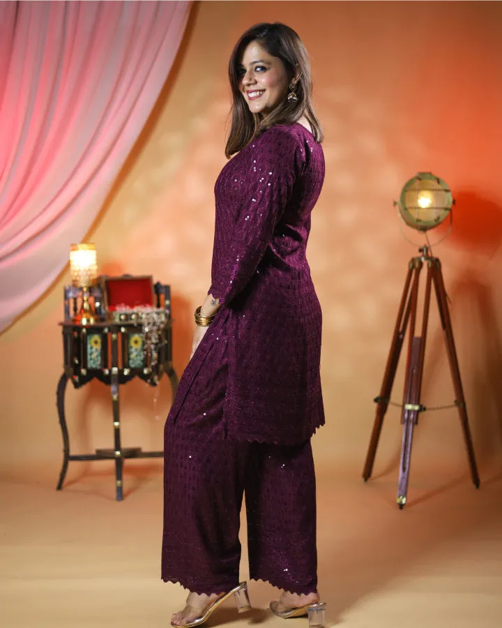 Gehra Jamun Chikankari Kurta & Palazzo - Set of 2
