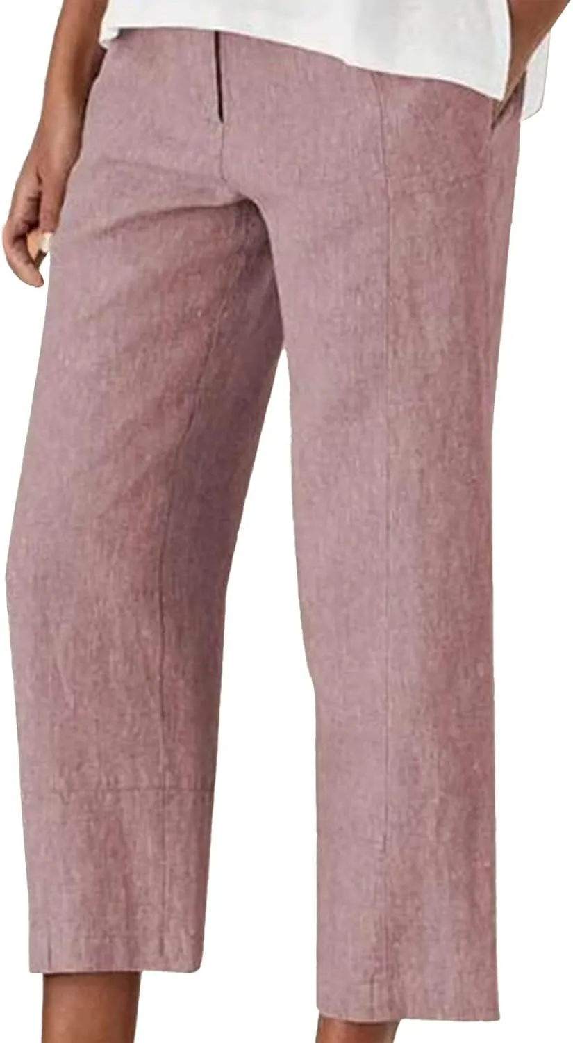 Generic Women's Linen Pants High Waisted Wide Leg Capri Palazzo Pants Relaxed Fit Casual Loose Long Trousers with Pockets