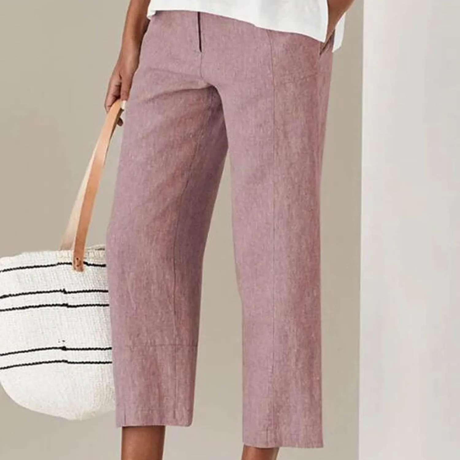 Generic Women's Linen Pants High Waisted Wide Leg Capri Palazzo Pants Relaxed Fit Casual Loose Long Trousers with Pockets