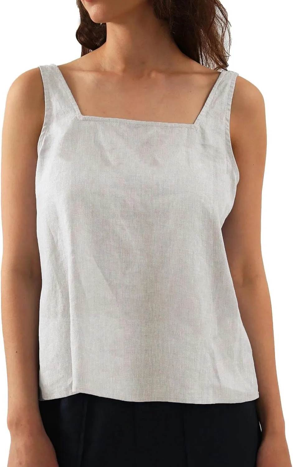 HGps8w Cotton Linen Tank Top for Womens Lightweight Summer Square Neck Tunic Shirts Loose Fit Casual Sleeveless Blouse