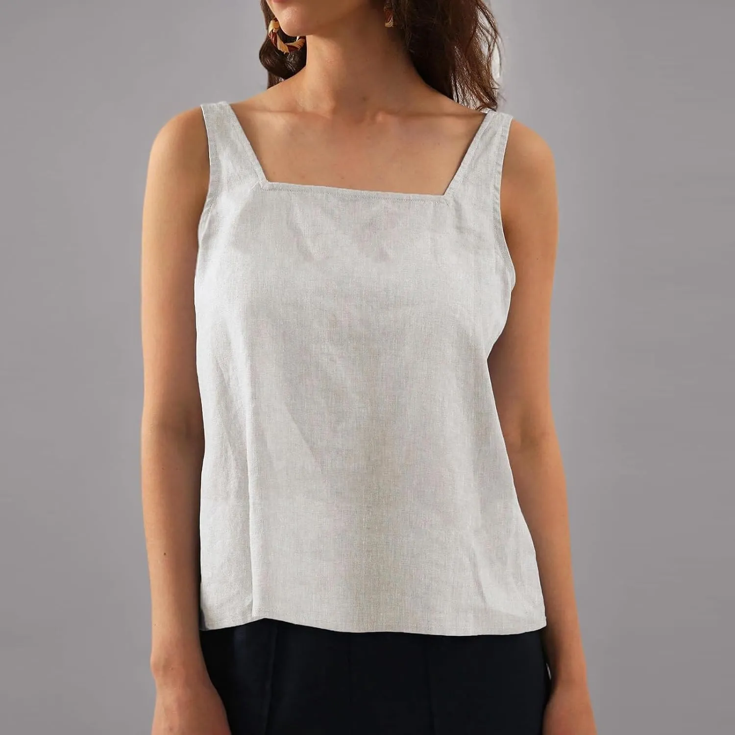 HGps8w Cotton Linen Tank Top for Womens Lightweight Summer Square Neck Tunic Shirts Loose Fit Casual Sleeveless Blouse