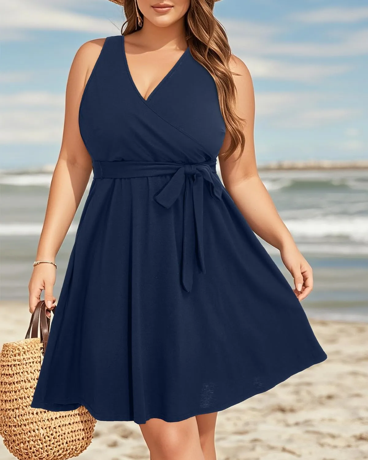 Holipick Women's Plus Size Sleeveless V Neck Wrap Sundress Summer Casual Dress with Pockets