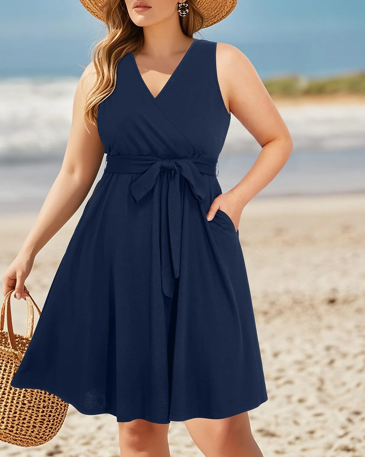 Holipick Women's Plus Size Sleeveless V Neck Wrap Sundress Summer Casual Dress with Pockets