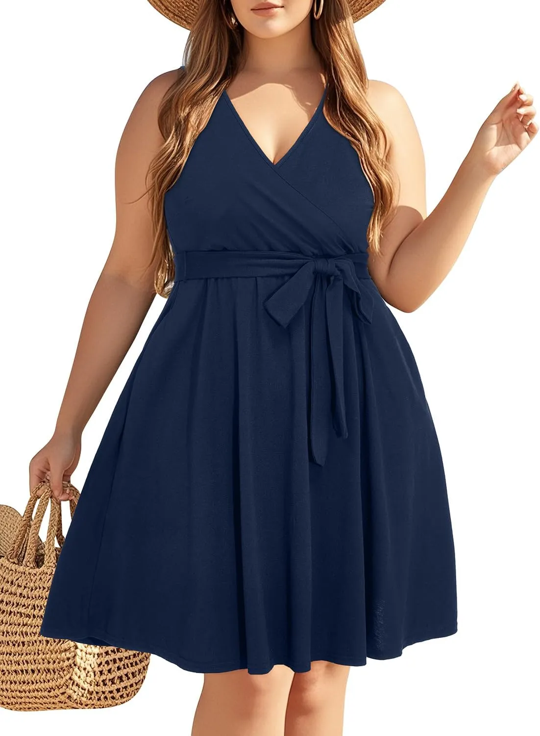 Holipick Women's Plus Size Sleeveless V Neck Wrap Sundress Summer Casual Dress with Pockets