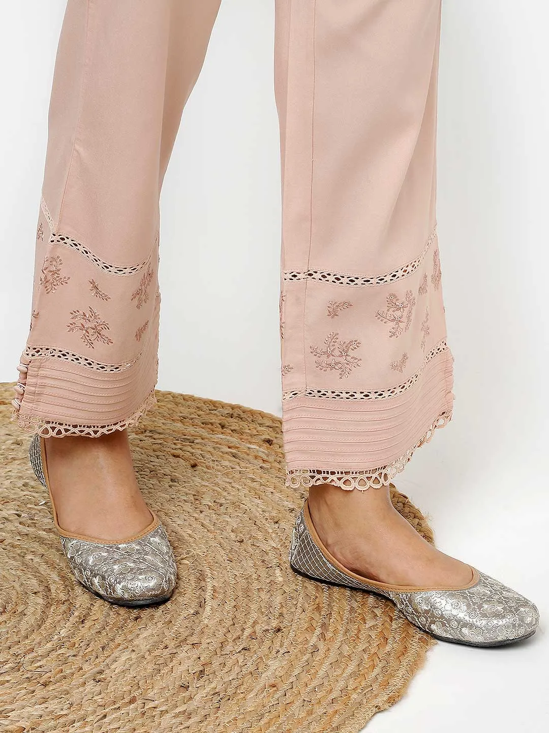 Ira Peach Embroidered Relaxed Fit Palazzo Pants for Women