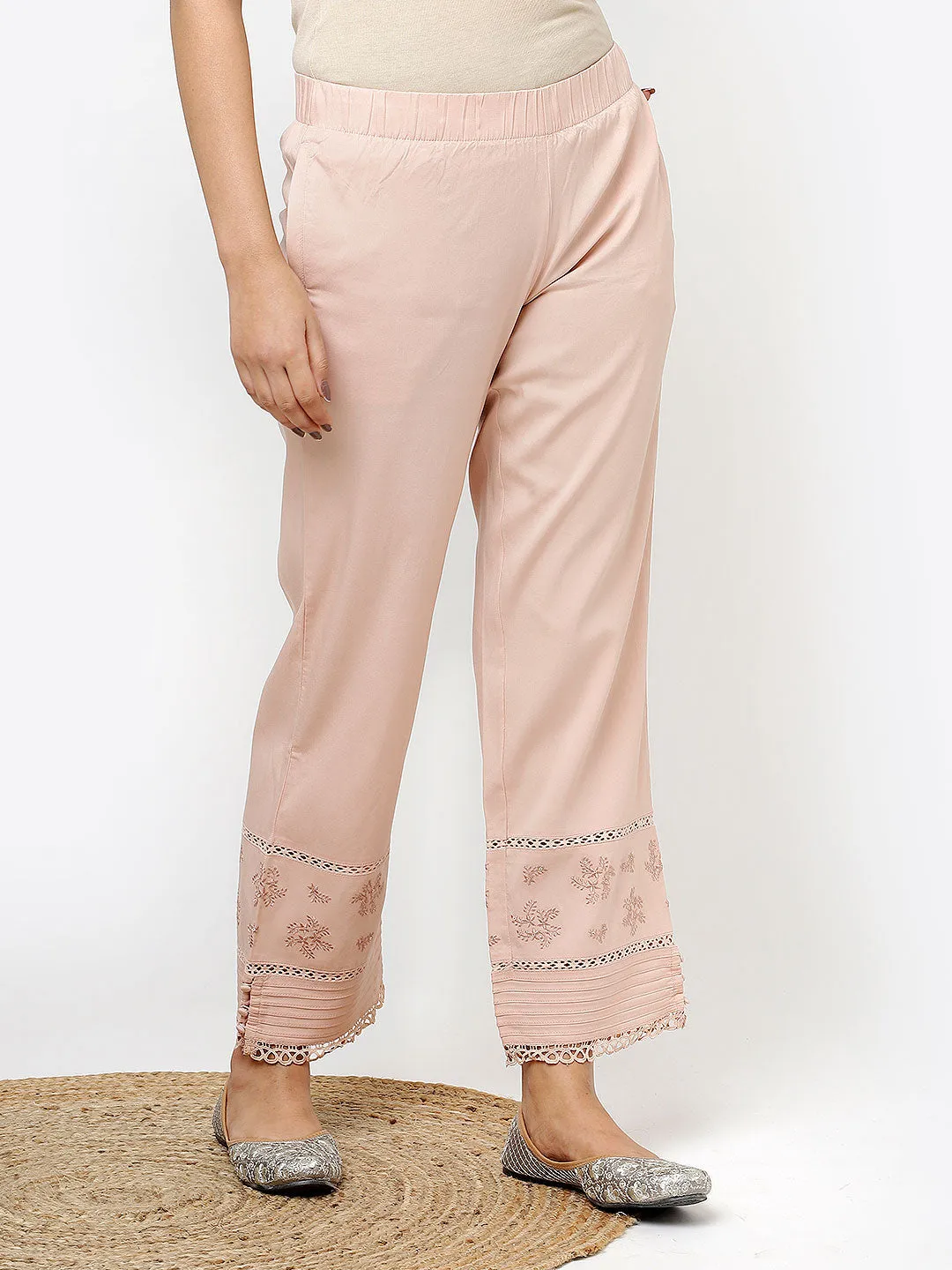 Ira Peach Embroidered Relaxed Fit Palazzo Pants for Women