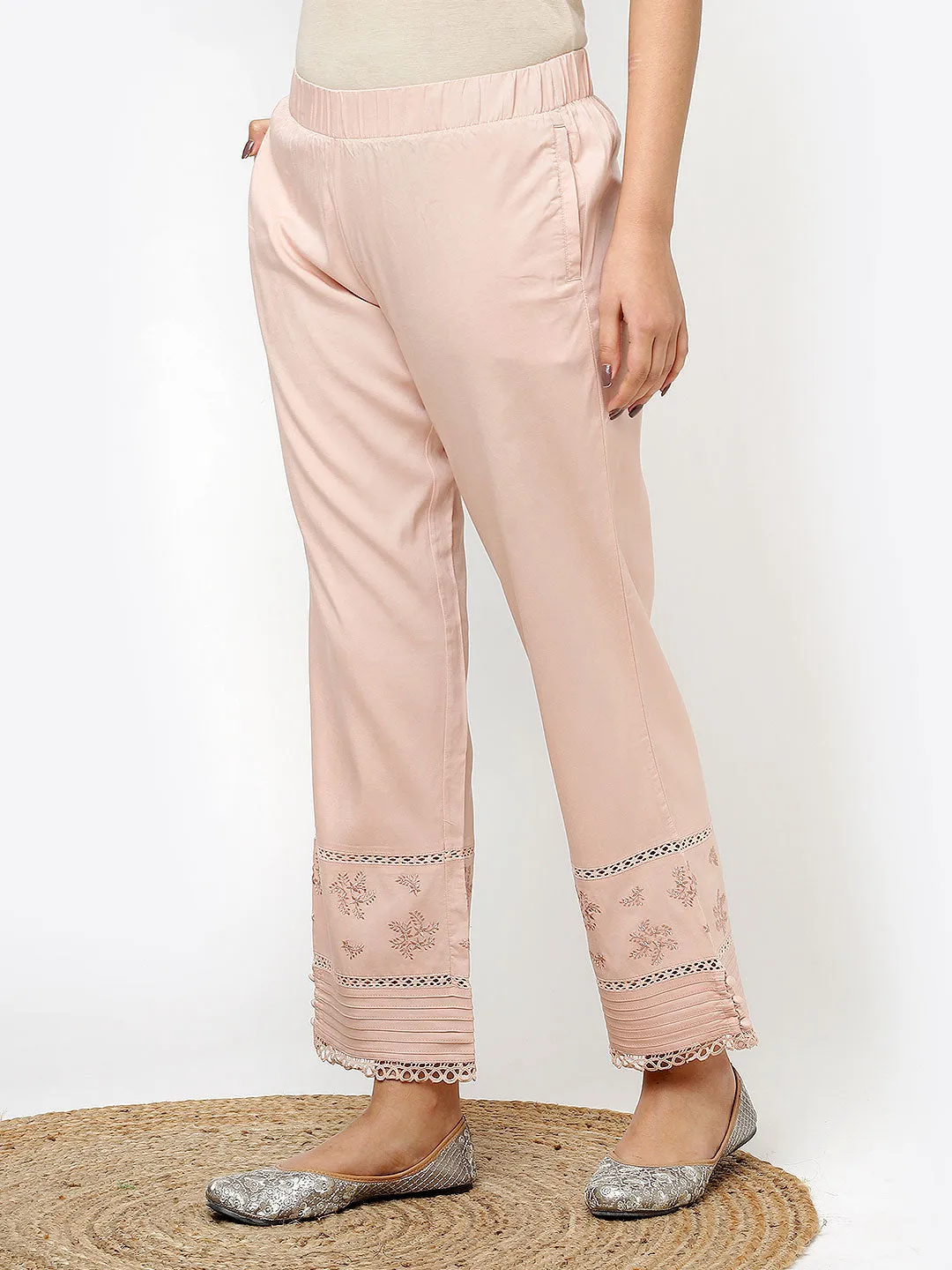 Ira Peach Embroidered Relaxed Fit Palazzo Pants for Women