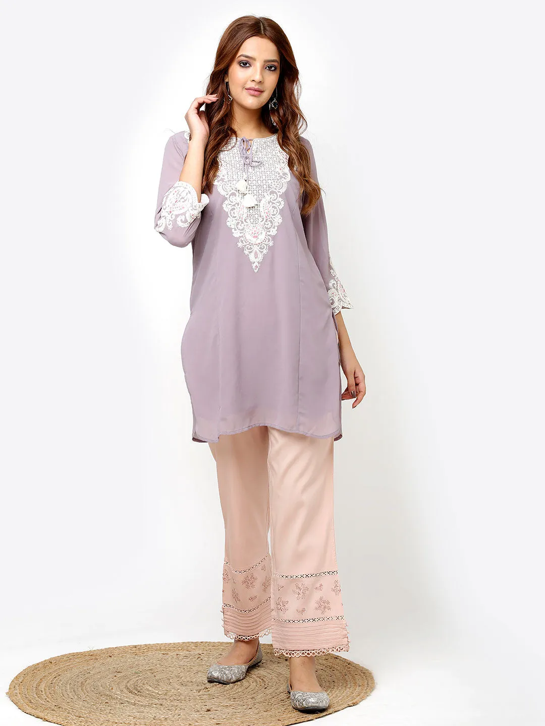 Ira Peach Embroidered Relaxed Fit Palazzo Pants for Women