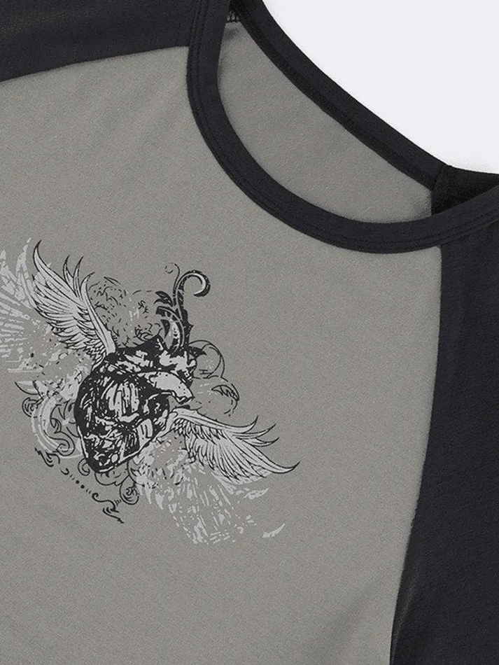Joskaa Raglan Sleeve Grunge Wing Print Crop Top