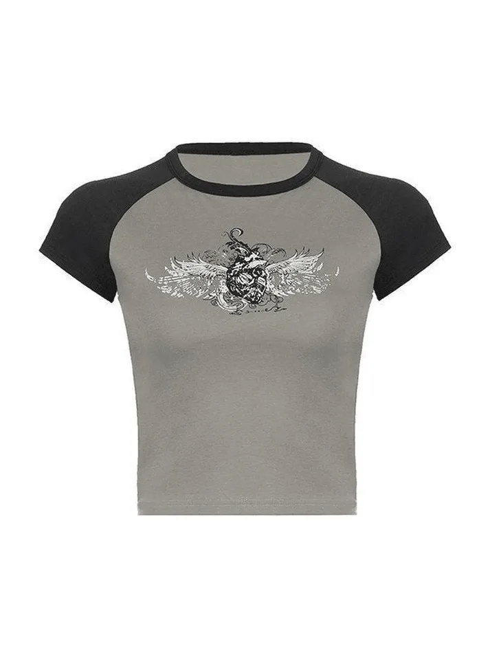 Joskaa Raglan Sleeve Grunge Wing Print Crop Top