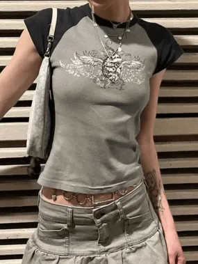 Joskaa Raglan Sleeve Grunge Wing Print Crop Top