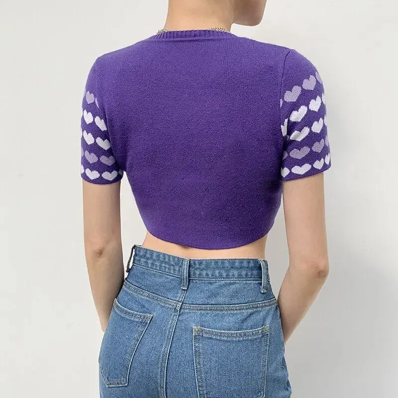 Knitted Crop Top With Kawaii Heart Print