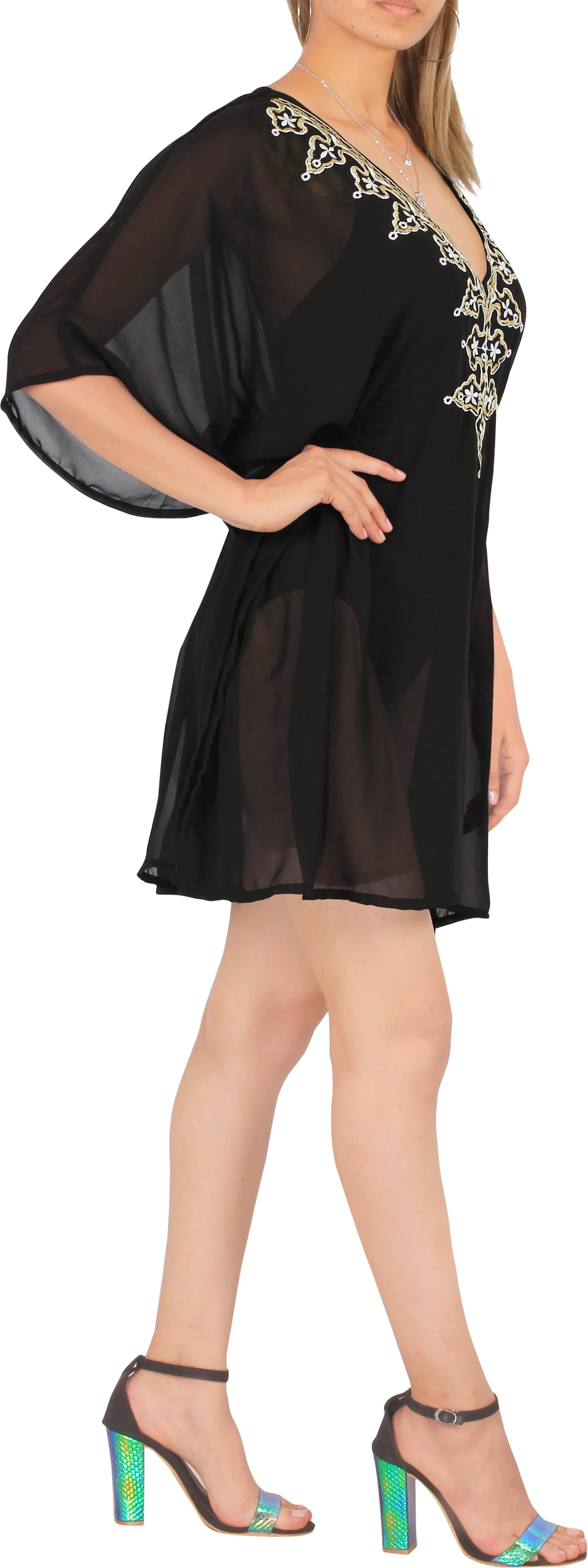 La Leela Chiffon Deep V Neck Designer Floral Leafy Kimono Women Cover up Black