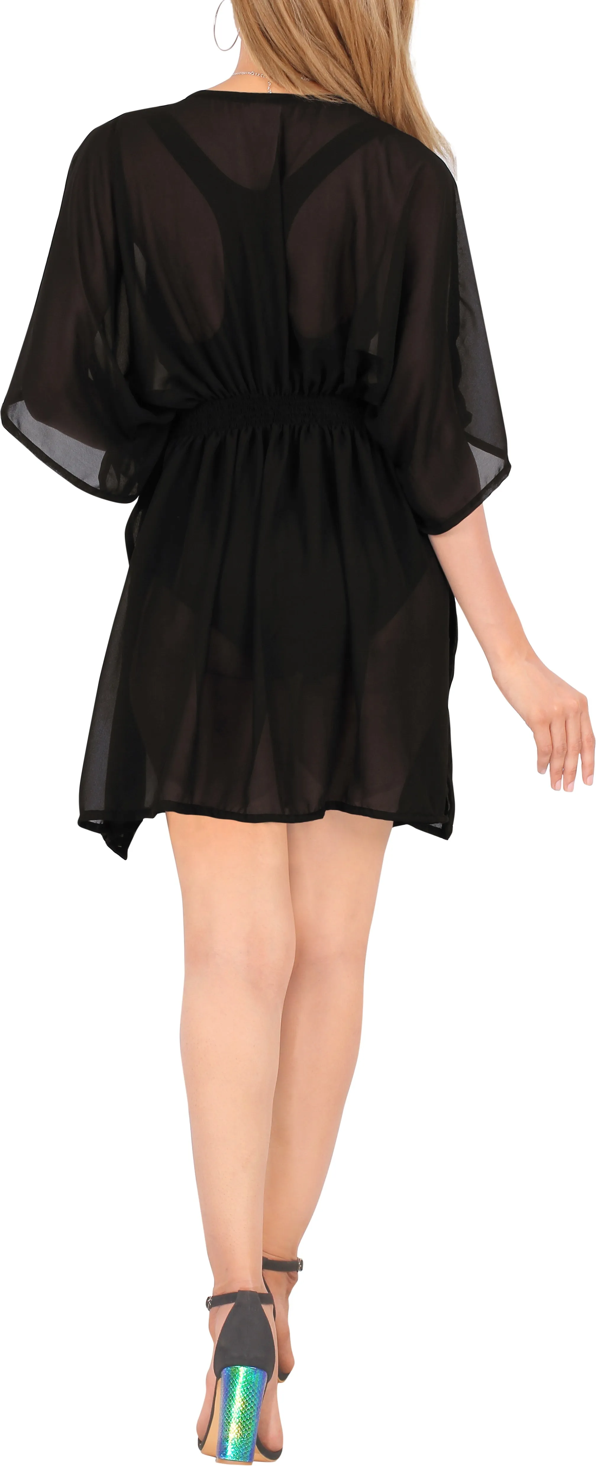 La Leela Chiffon Deep V Neck Designer Floral Leafy Kimono Women Cover up Black