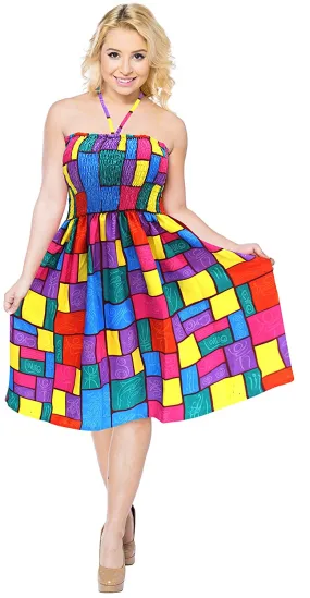 La Leela Likre Stretchy Casual Halter Smocked Partywear Short Tube Dress Maxi