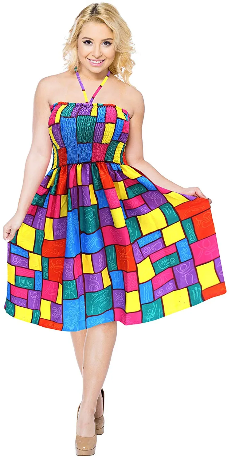 La Leela Likre Stretchy Casual Halter Smocked Partywear Short Tube Dress Maxi