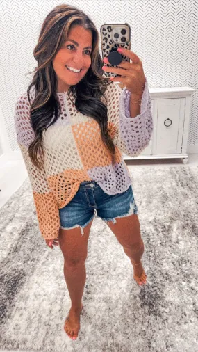 Lavender/Peach Boho Open Knit Color Block