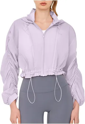 Lightweight Sun Jacket Women Girls UV Protect Full Zip Shirt Ruched Long Sleeve Hoodie Breathable Cool Cropped Jackets