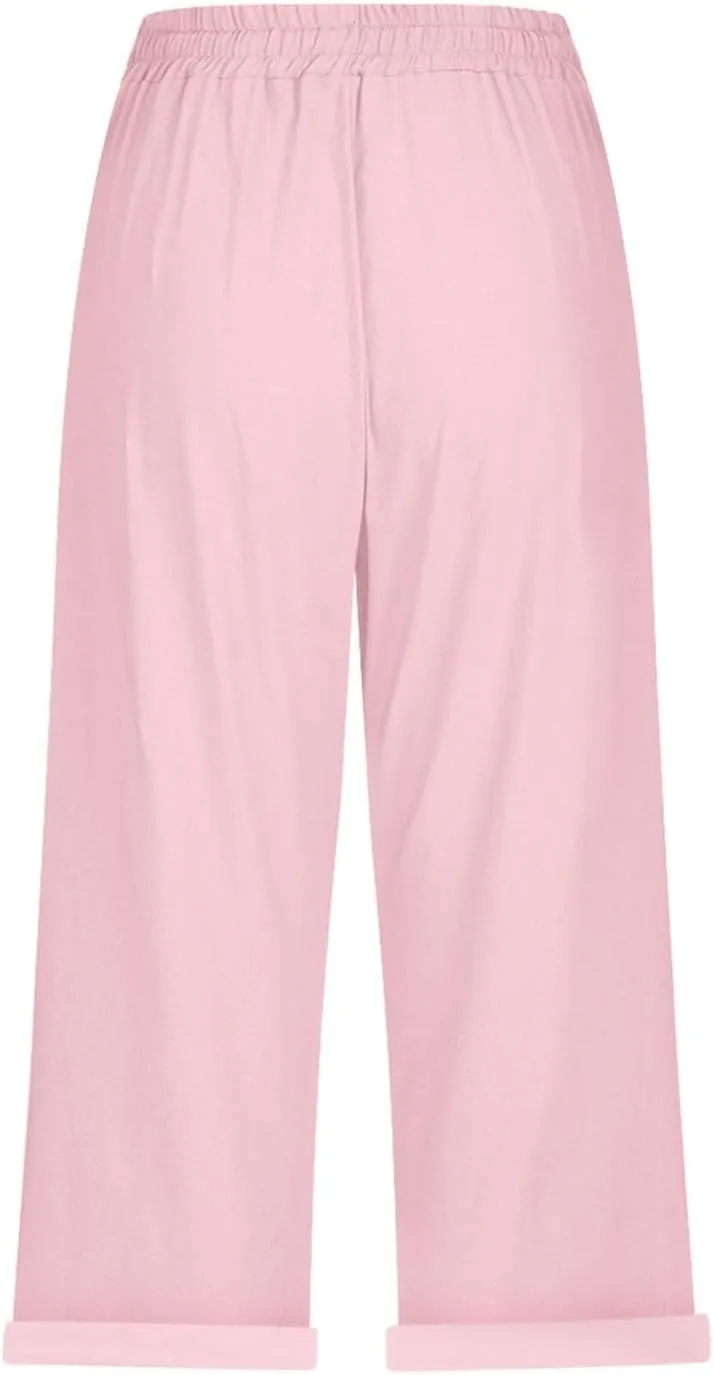 Linen Capri Pants for Women High Waisted Drawstring Pant Comfy Soft Trousers Casual Resort Wear Beach Clothes