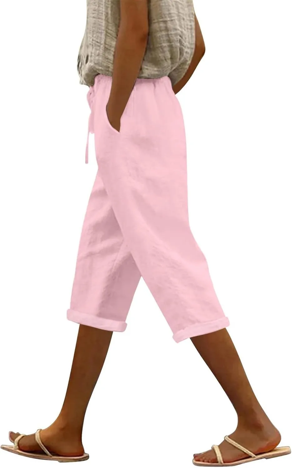 Linen Capri Pants for Women High Waisted Drawstring Pant Comfy Soft Trousers Casual Resort Wear Beach Clothes