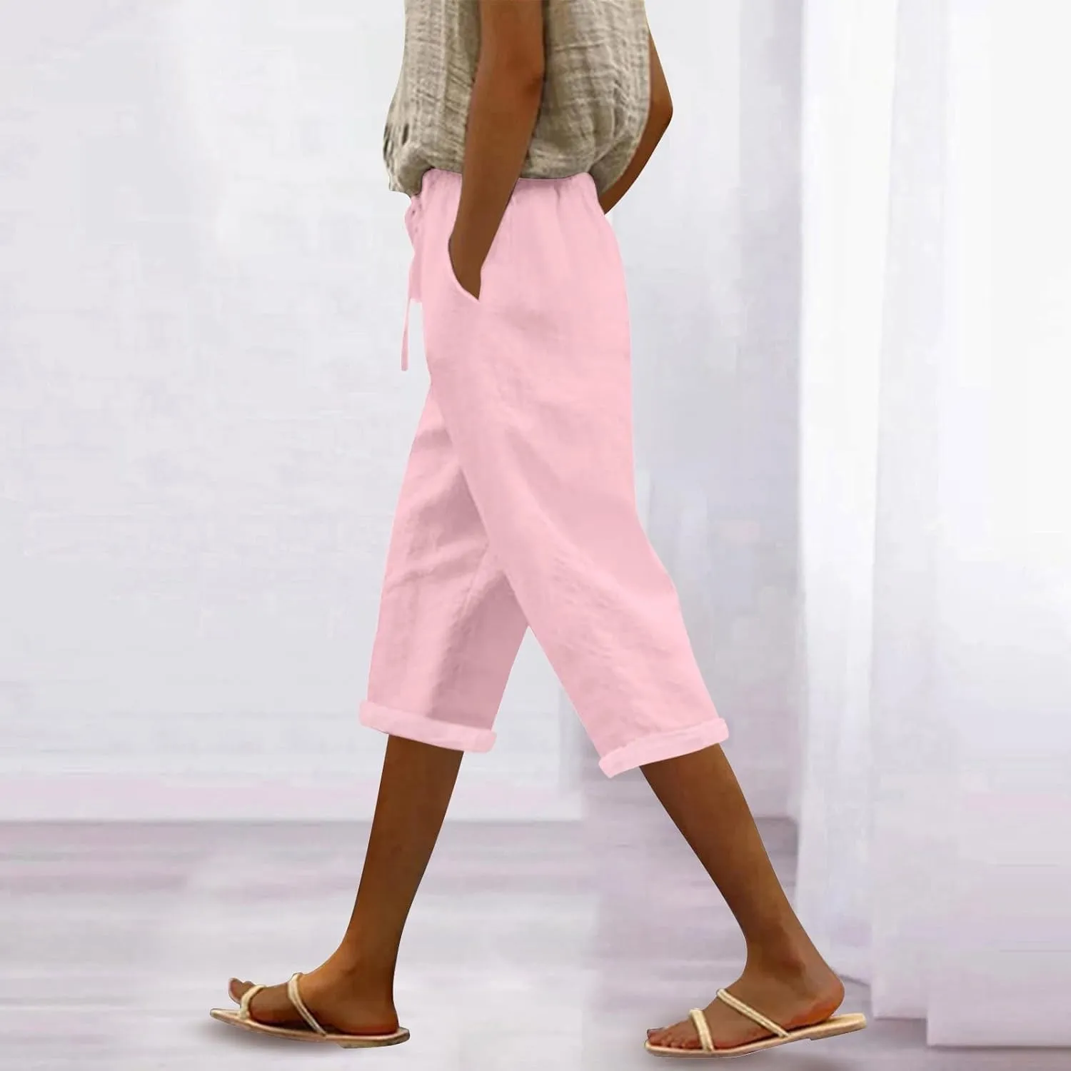 Linen Capri Pants for Women High Waisted Drawstring Pant Comfy Soft Trousers Casual Resort Wear Beach Clothes