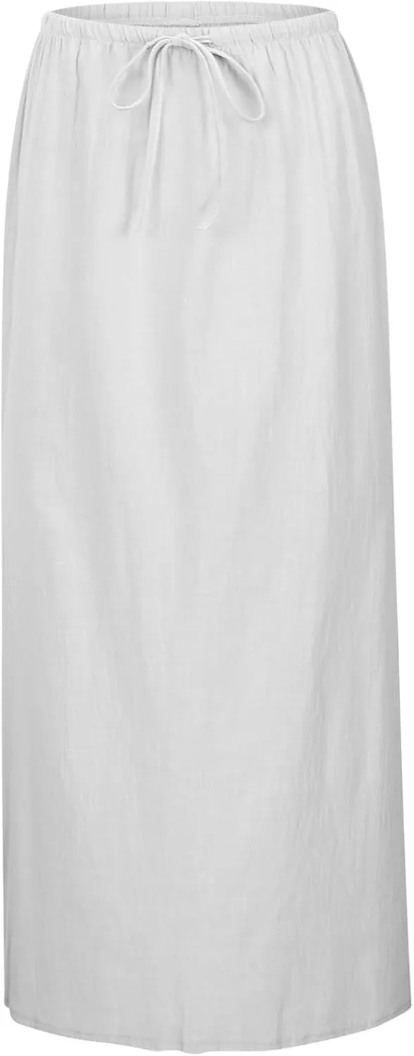 Linen Maxi Skirt, Women's Summer Bohemian Long Skirt, Cotton Elastic Waist Band Maxi Skirt Beach Party Holiday Skirt
