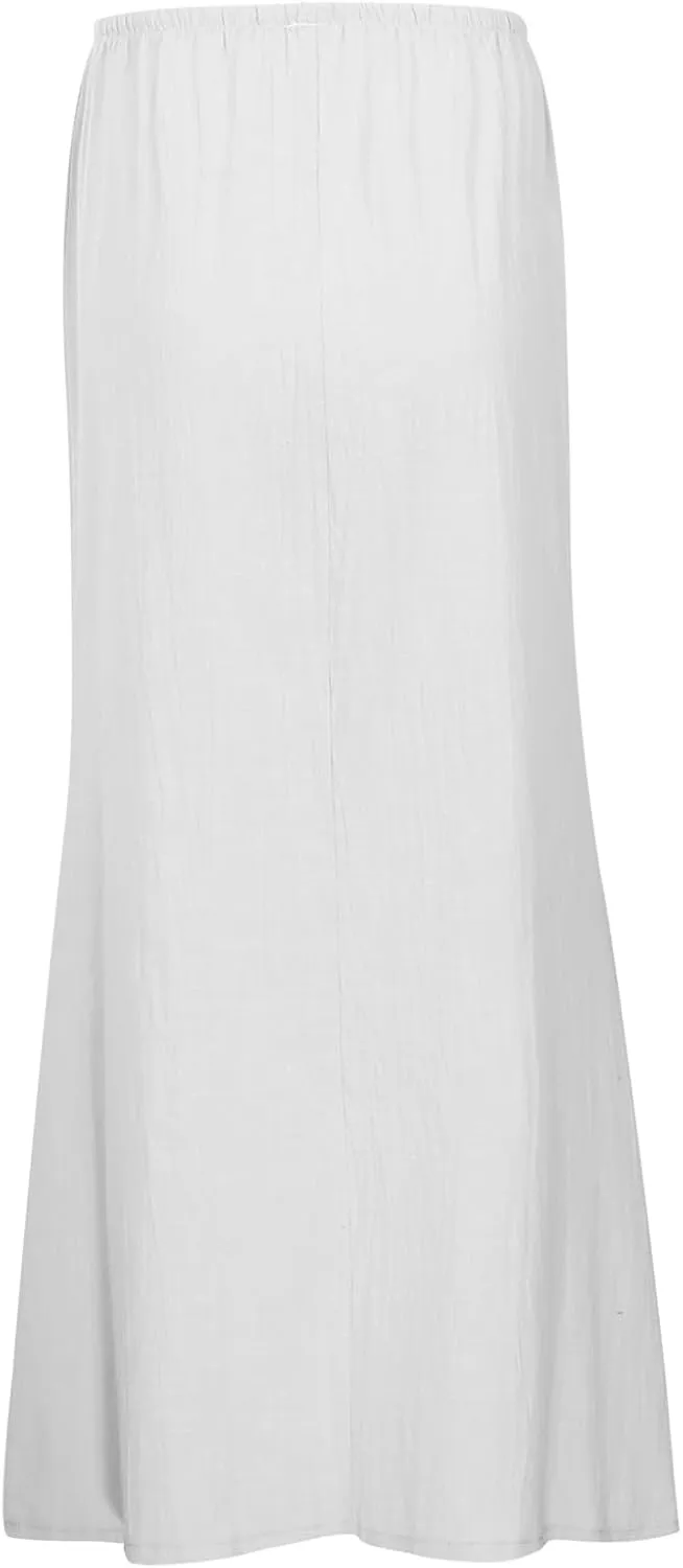 Linen Maxi Skirt, Women's Summer Bohemian Long Skirt, Cotton Elastic Waist Band Maxi Skirt Beach Party Holiday Skirt