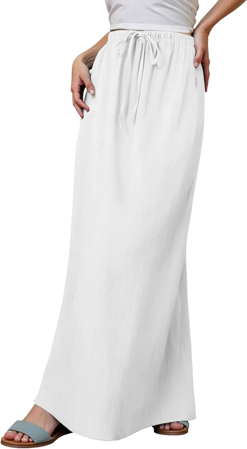 Linen Maxi Skirt, Women's Summer Bohemian Long Skirt, Cotton Elastic Waist Band Maxi Skirt Beach Party Holiday Skirt