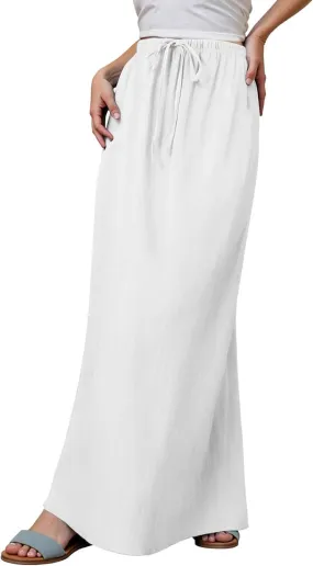 Linen Maxi Skirt, Women's Summer Bohemian Long Skirt, Cotton Elastic Waist Band Maxi Skirt Beach Party Holiday Skirt